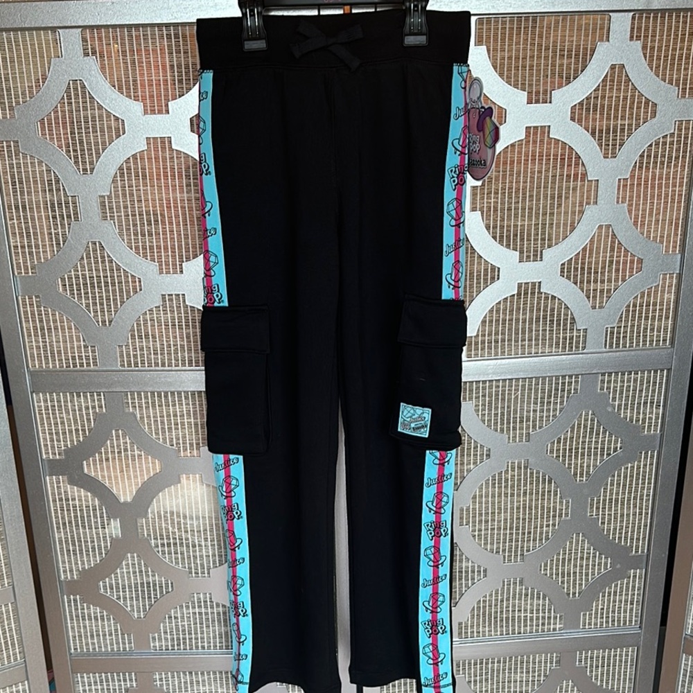 NWT kids Justice Black and Blue Joggers with Contrast Side Stripes